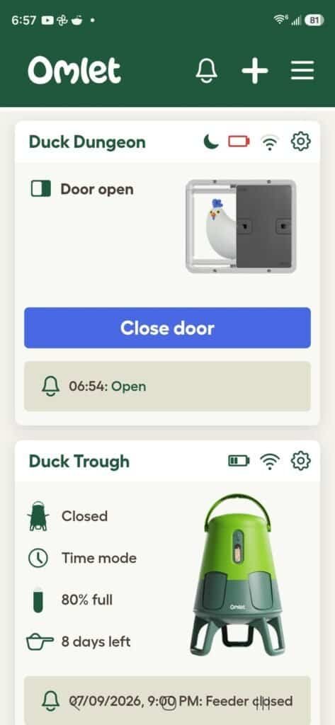 Omlet app screenshot showing Duck Dungeon door open at 6:54 AM and Duck Trough feeder at 80 percent with 8 days remaining
